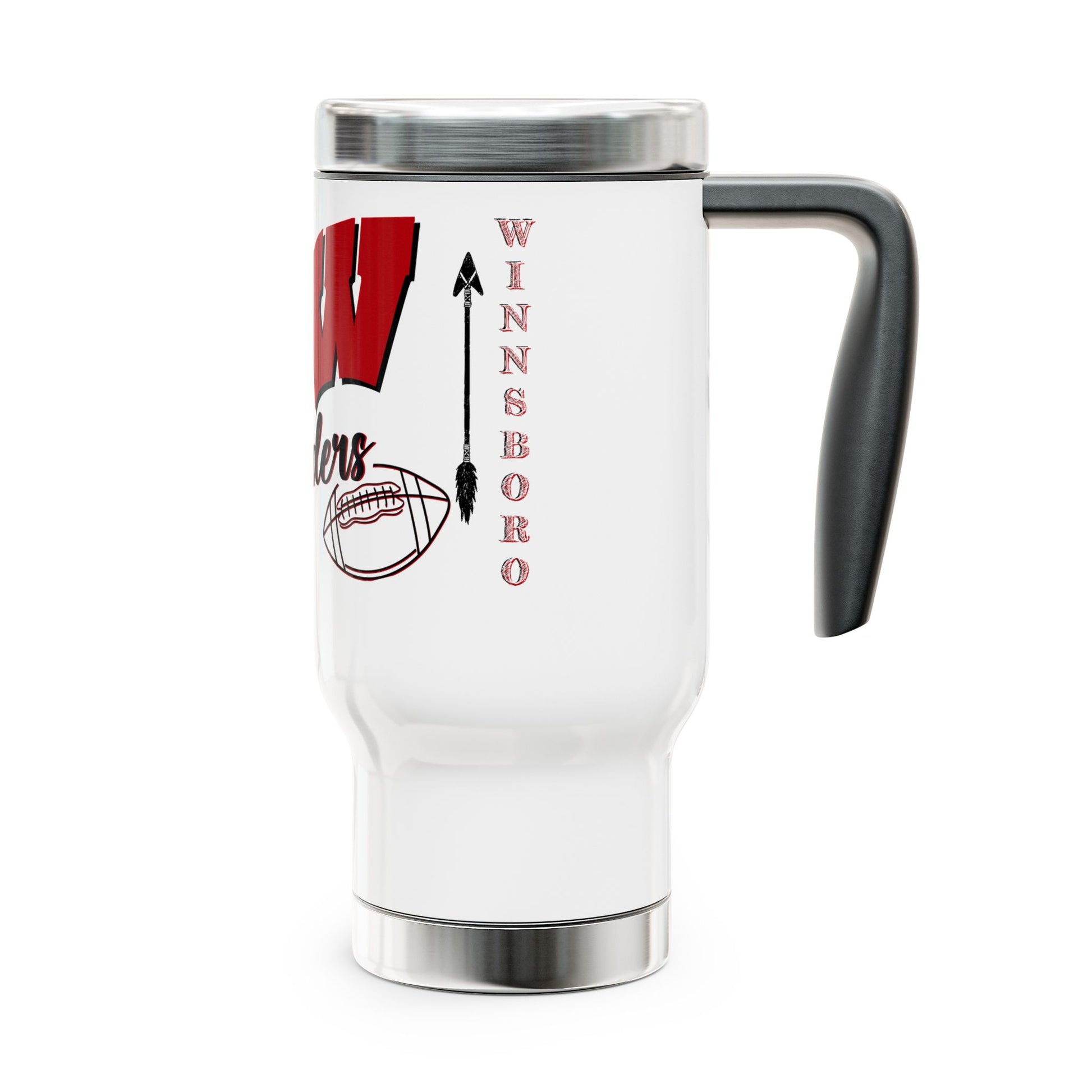 Winnsboro Red Raider Stainless Steel Mug with Handle, 14oz - Premium Mug -  Follower Of Faith Apparel Accessories, Bottles & Tumblers, Drink, Drinks, Holiday Picks, Home & Living, new arrival, Outdoor, Raider Football Bow Cup, Red Raiders, Sale, Ship from USA, Stainless steel, stainless steel tumblers, Sustainable, Travel, Travel Accessories, tumblers, tumblers with handle, White base, Winnsboro Red Raider Tumbler, Winnsboro Texas, Winnsboro Texas Sports Tumbler Mug Shop our Christian T-Shirts & Apparel