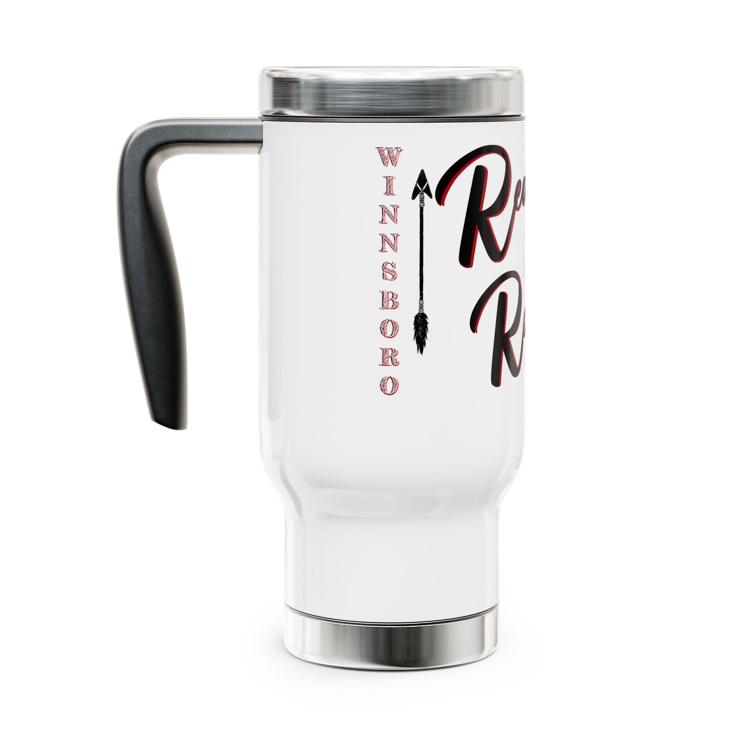 Winnsboro Red Raider Stainless Steel Mug with Handle, 14oz - Premium Mug -  Follower Of Faith Apparel Accessories, Bottles & Tumblers, Drink, Drinks, Holiday Picks, Home & Living, new arrival, Outdoor, Raider Football Bow Cup, Red Raiders, Sale, Ship from USA, Stainless steel, stainless steel tumblers, Sustainable, Travel, Travel Accessories, tumblers, tumblers with handle, White base, Winnsboro Red Raider Tumbler, Winnsboro Texas, Winnsboro Texas Sports Tumbler Mug Shop our Christian T-Shirts & Apparel