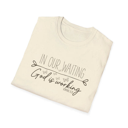 In Our Waiting God Is Working Ladies T-Shirt - Premium T-Shirt -  Follower Of Faith Apparel Bible verse tee, Christian t shirt, Cotton, Crew neck, DTG, Faith apparel, Faith shirts, Men's Clothing, Neck Labels, new arrival, new arrivals, On sale, Regular fit, Romans 8 28 t shirt, Romans 8:28 tee, Sale, Scripture shirt, Summer Picks, T-shirts, TikTok, Women's Clothing, Women’s Christian clothing, Women’s Faith t shirts Shop our Christian T-Shirts & Apparel