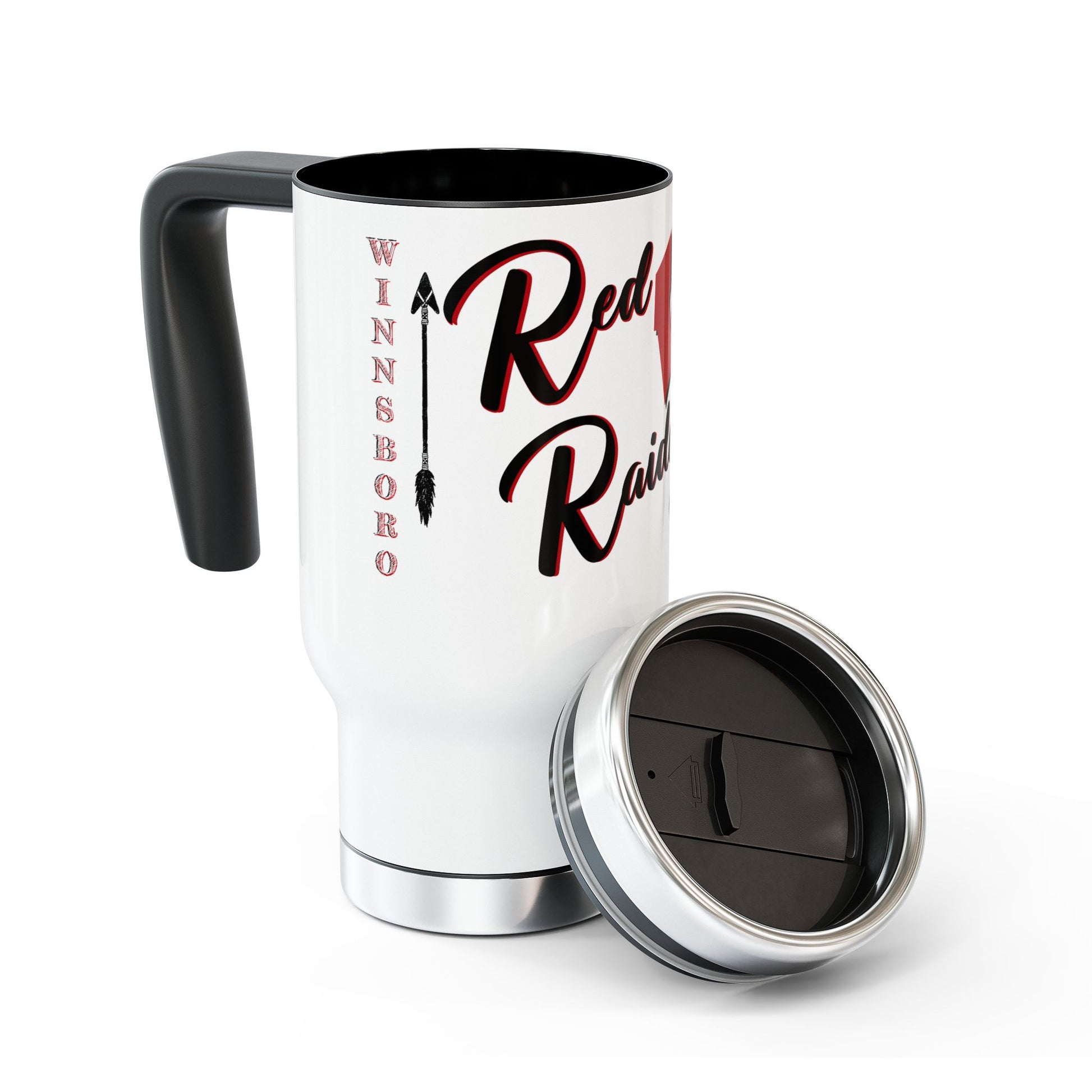 Winnsboro Red Raider Stainless Steel Mug with Handle, 14oz - Premium Mug -  Follower Of Faith Apparel Accessories, Bottles & Tumblers, Drink, Drinks, Holiday Picks, Home & Living, new arrival, Outdoor, Raider Football Bow Cup, Red Raiders, Sale, Ship from USA, Stainless steel, stainless steel tumblers, Sustainable, Travel, Travel Accessories, tumblers, tumblers with handle, White base, Winnsboro Red Raider Tumbler, Winnsboro Texas, Winnsboro Texas Sports Tumbler Mug Shop our Christian T-Shirts & Apparel