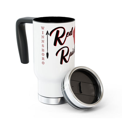 Winnsboro Red Raider Stainless Steel Mug with Handle, 14oz - Premium Mug -  Follower Of Faith Apparel Accessories, Bottles & Tumblers, Drink, Drinks, Holiday Picks, Home & Living, new arrival, Outdoor, Raider Football Bow Cup, Red Raiders, Sale, Ship from USA, Stainless steel, stainless steel tumblers, Sustainable, Travel, Travel Accessories, tumblers, tumblers with handle, White base, Winnsboro Red Raider Tumbler, Winnsboro Texas, Winnsboro Texas Sports Tumbler Mug Shop our Christian T-Shirts & Apparel