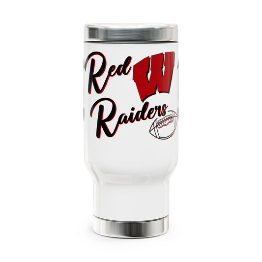 Winnsboro Red Raider Stainless Steel Mug with Handle, 14oz - Premium Mug -  Follower Of Faith Apparel Accessories, Bottles & Tumblers, Drink, Drinks, Holiday Picks, Home & Living, new arrival, Outdoor, Raider Football Bow Cup, Red Raiders, Sale, Ship from USA, Stainless steel, stainless steel tumblers, Sustainable, Travel, Travel Accessories, tumblers, tumblers with handle, White base, Winnsboro Red Raider Tumbler, Winnsboro Texas, Winnsboro Texas Sports Tumbler Mug Shop our Christian T-Shirts & Apparel