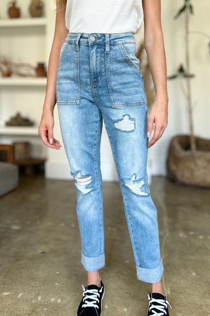 Judy Blue Distressed Straight Patch Pocket Jeans - Premium Ladies jeans -  Follower Of Faith Apparel Fast delivery, fast shipping, Judy Blue, Judy blue best seller, Judy blue distressed, Judy Blue distressed patched Pocket jeans, Judy blue high rise jeans, Judy blue high waisted, Judy Blue Jeans, Judy Blue patch Pocket jeans, Judy blue straight leg, new, new arrival, On sale, Sale, Ship from USA, women's bottoms, Women's Clothing, Women's jeans, Womens Judy Blue Shop our Christian T-Shirts & Apparel