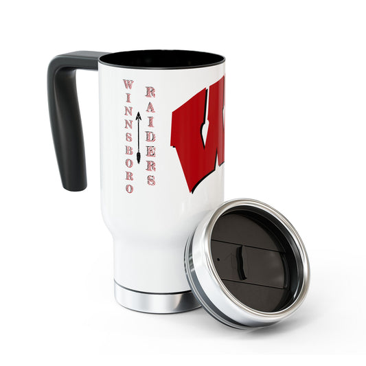 Winnsboro Raiders Stainless Steel Mug with Handle, 14oz - Premium Mug -  Follower Of Faith Apparel Accessories, Bottles & Tumblers, Drink, Drinks, Holiday Picks, Home & Living, Outdoor, Red Raiders, Stainless steel, Sustainable, Travel, Travel Accessories, White base, Winnsboro Football Mugs, Winnsboro Red Raider Tumbler Shop our Christian T-Shirts & Apparel