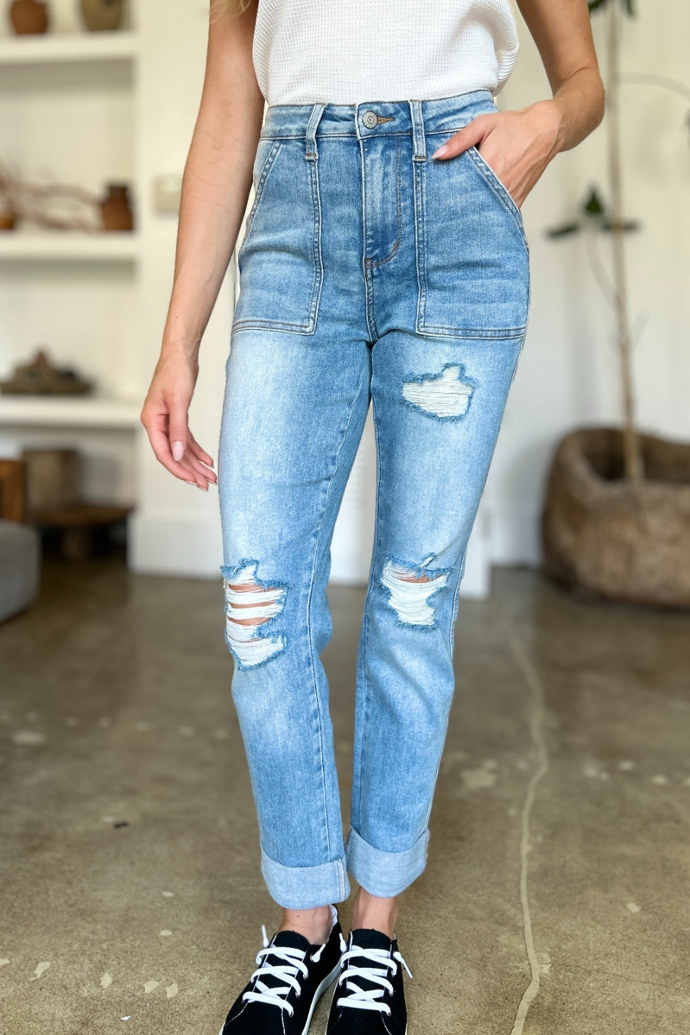 Judy Blue Distressed Straight Patch Pocket Jeans - Premium Ladies jeans -  Follower Of Faith Apparel Fast delivery, fast shipping, Judy Blue, Judy blue best seller, Judy blue distressed, Judy Blue distressed patched Pocket jeans, Judy blue high rise jeans, Judy blue high waisted, Judy Blue Jeans, Judy Blue patch Pocket jeans, Judy blue straight leg, new, new arrival, On sale, Sale, Ship from USA, women's bottoms, Women's Clothing, Women's jeans, Womens Judy Blue Shop our Christian T-Shirts & Apparel