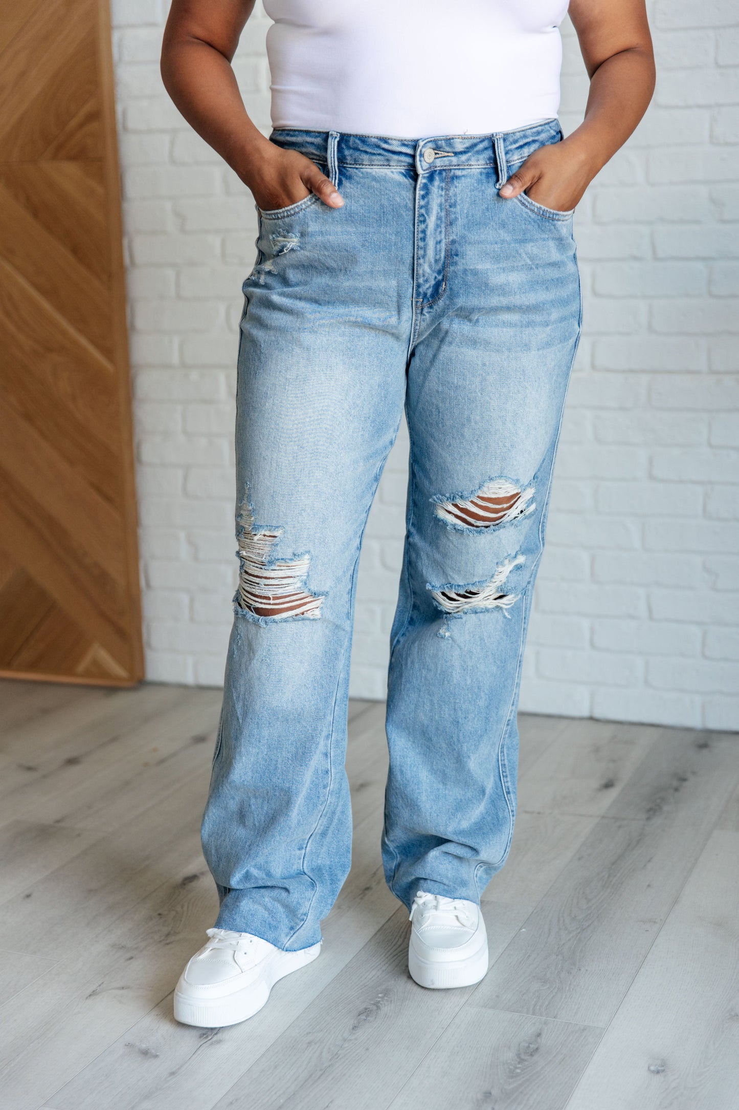 Ramona High Rise Rigid Magic Destroyed Straight Jeans - Premium Denim -  Follower Of Faith Apparel 0/24, 1/25, 11-1-2023, 11-16-2023, 11-21-2023, 11/30, 13/31, 14W, 15/32, 16W, 18W, 20W, 22W, 24W, 3/26, 5/27, 7-17-2024, 7/28, 8-1-2024, 8-6-2024, 9/29, Bottoms, Denim, flatrate, Indoor, JB11-1-2023, JB7-17-2024, JBAvailableNow, Jeans, Judy Blue, Kylie, Lifestyle, Restocks, Sabrina, Straight Leg Shop our Christian T-Shirts & Apparel