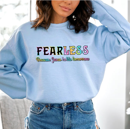 Fearless Because Jesus Holds Tomorrow Sweatshirt - Premium Sweatshirt -  Follower Of Faith Apparel Christian sweatshirt, Crew neck, DTG, Fearless because Jesus holds tomorrow shirt, Jesus sweatshirt, Neck Labels, Regular fit, Sweatshirts, TikTok, Unisex, Women's Clothing, Womens fearless sweatshirt, Womens winter apparel, Women’s faith clothing Shop our Christian T-Shirts & Apparel