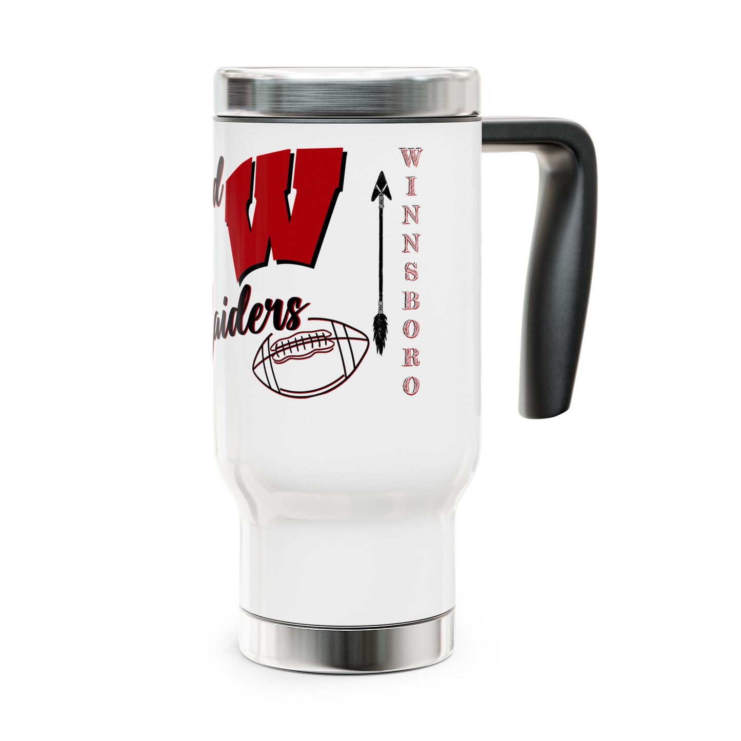 Winnsboro Red Raider Stainless Steel Mug with Handle, 14oz - Premium Mug -  Follower Of Faith Apparel Accessories, Bottles & Tumblers, Drink, Drinks, Holiday Picks, Home & Living, new arrival, Outdoor, Raider Football Bow Cup, Red Raiders, Sale, Ship from USA, Stainless steel, stainless steel tumblers, Sustainable, Travel, Travel Accessories, tumblers, tumblers with handle, White base, Winnsboro Red Raider Tumbler, Winnsboro Texas, Winnsboro Texas Sports Tumbler Mug Shop our Christian T-Shirts & Apparel