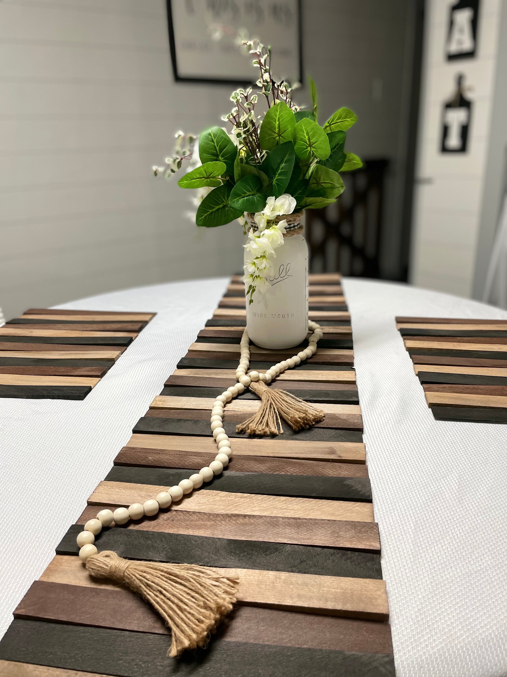 Rustic Wooden Table Runner - Multicolored - Premium Home Decor -  Follower Of Faith Apparel Coffee table decor, Dining table decor, Farmhouse decor, Farmhouse table decor, Home & Decor, Home & Living, Multicolored wood table runner, Rustic decor, Table centerpieces, Wedding table rustic centerpiece, Wooden table runner Shop our Christian T-Shirts & Apparel