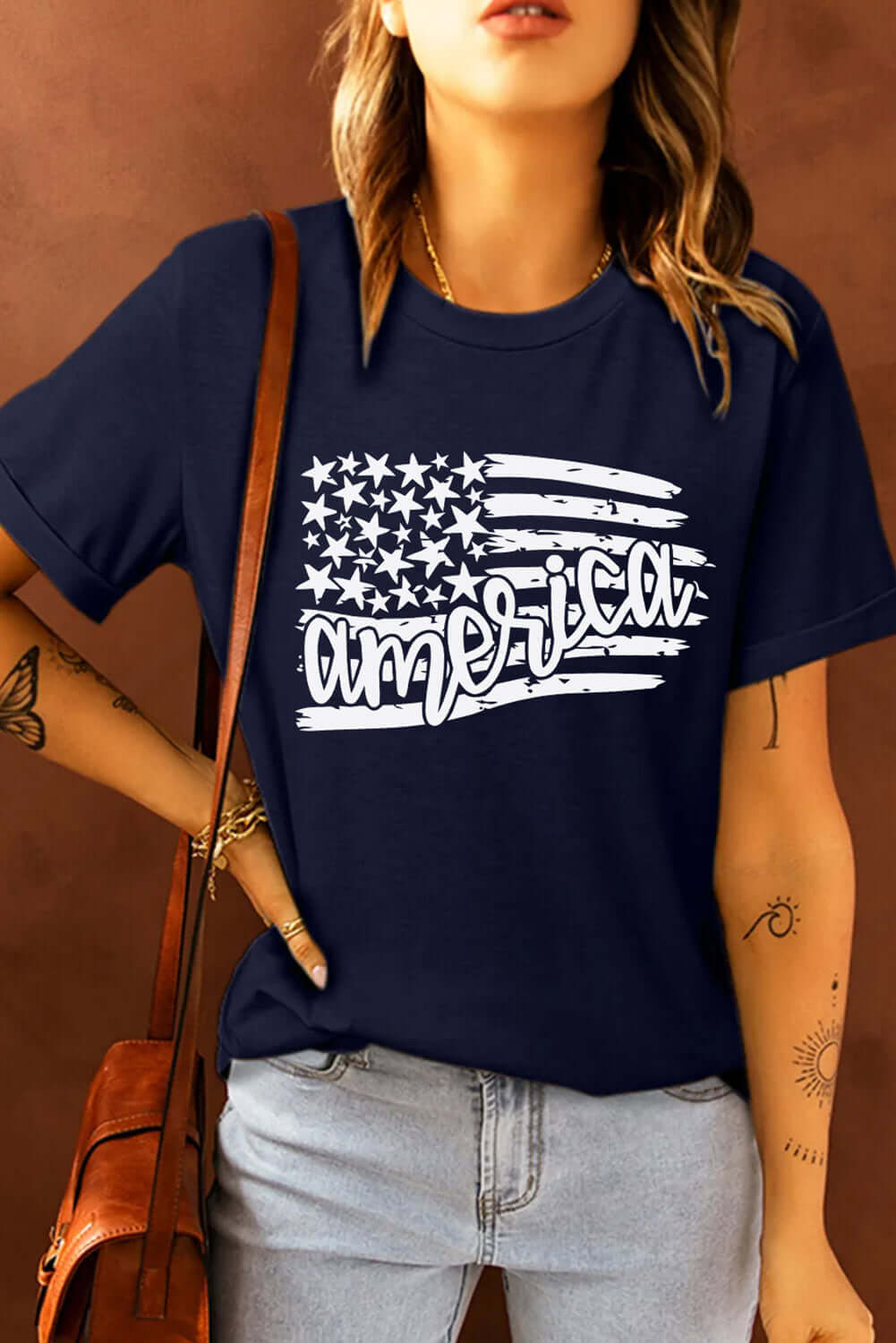 AMERICA US Flag Graphic Tee - Premium Ladies T-Shirt -  Follower Of Faith Apparel Ship From Overseas, SYNZ Shop our Christian T-Shirts & Apparel