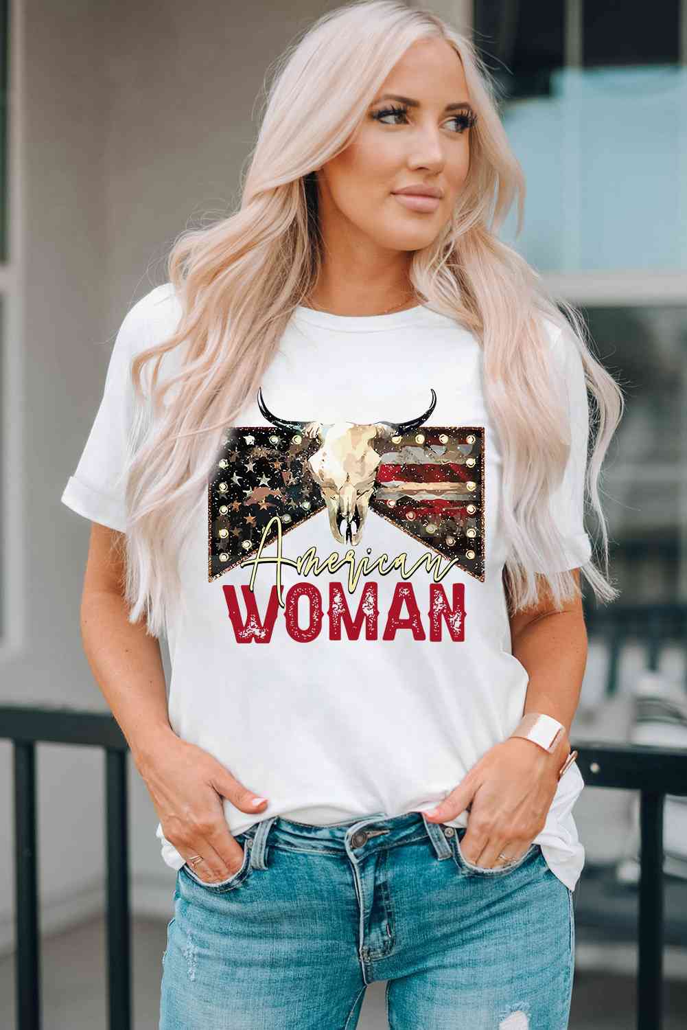 AMERICAN WOMAN Ladies Short Sleeve Tee{{ shop.domain }Trendsi4th of July tee, american flag design, American flag faith t shirt, American Woman, American Woman t