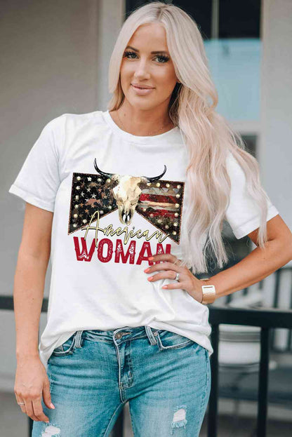 AMERICAN WOMAN Ladies Short Sleeve Tee{{ shop.domain }Trendsi4th of July tee, american flag design, American flag faith t shirt, American Woman, American Woman t