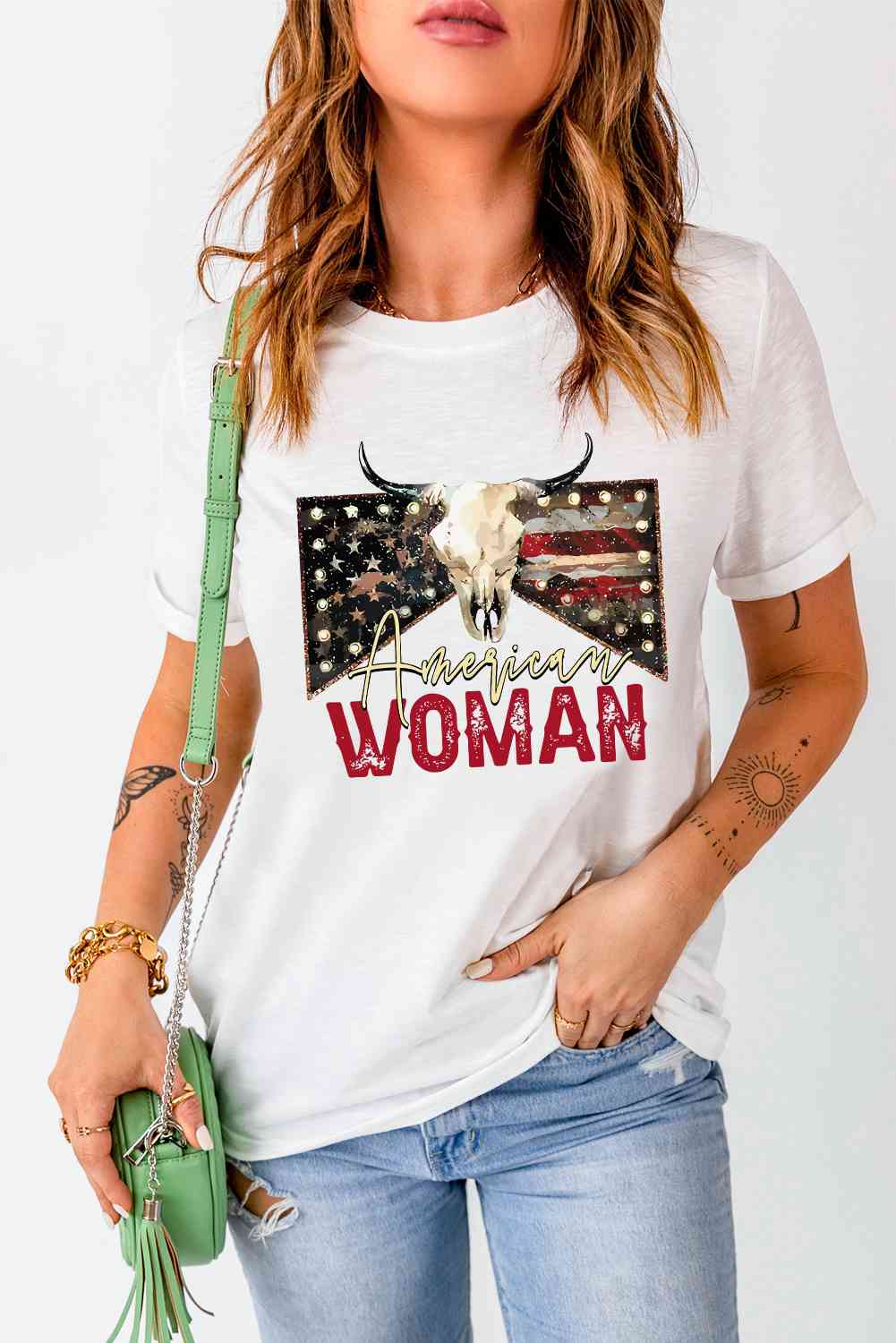 AMERICAN WOMAN Ladies Short Sleeve Tee{{ shop.domain }Trendsi4th of July tee, american flag design, American flag faith t shirt, American Woman, American Woman t