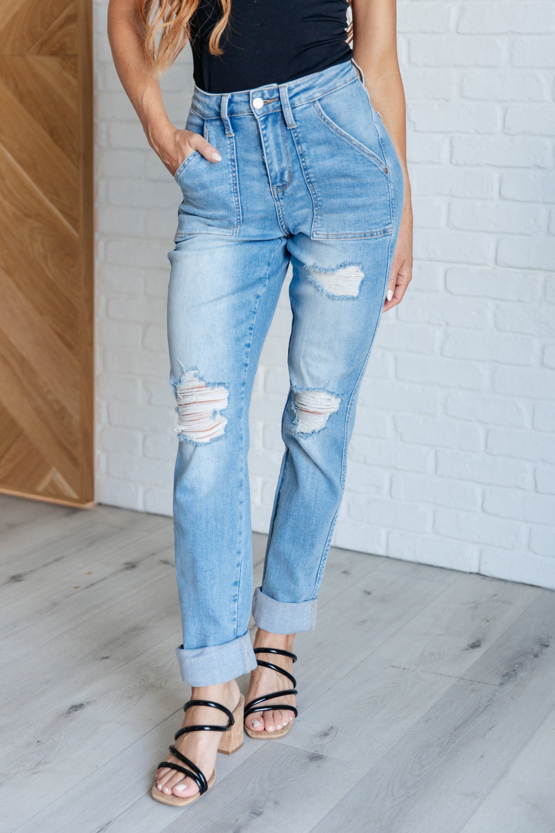 Aiden High Rise Patch Pocket Distressed Boyfriend Jeans - Premium Ladies jeans -  Follower Of Faith Apparel 0/24, 1/25, 11/30, 13/31, 14W, 15/32, 16W, 18W, 20W, 22W, 24W, 3/26, 5/27, 7-10-2024, 7/28, 8-1-2024, 88825, 9/29, Bottoms, Control top judy blue shorts, distressed, flatrate, High rise judy blue, JB Judy Blue, JB7-10-2024, JBAvailableNow, Judy Blue, judy blue high waist jeans, Ladies Jeans, new, new arrival, On sale, Sale, womens jeans Shop our Christian T-Shirts & Apparel