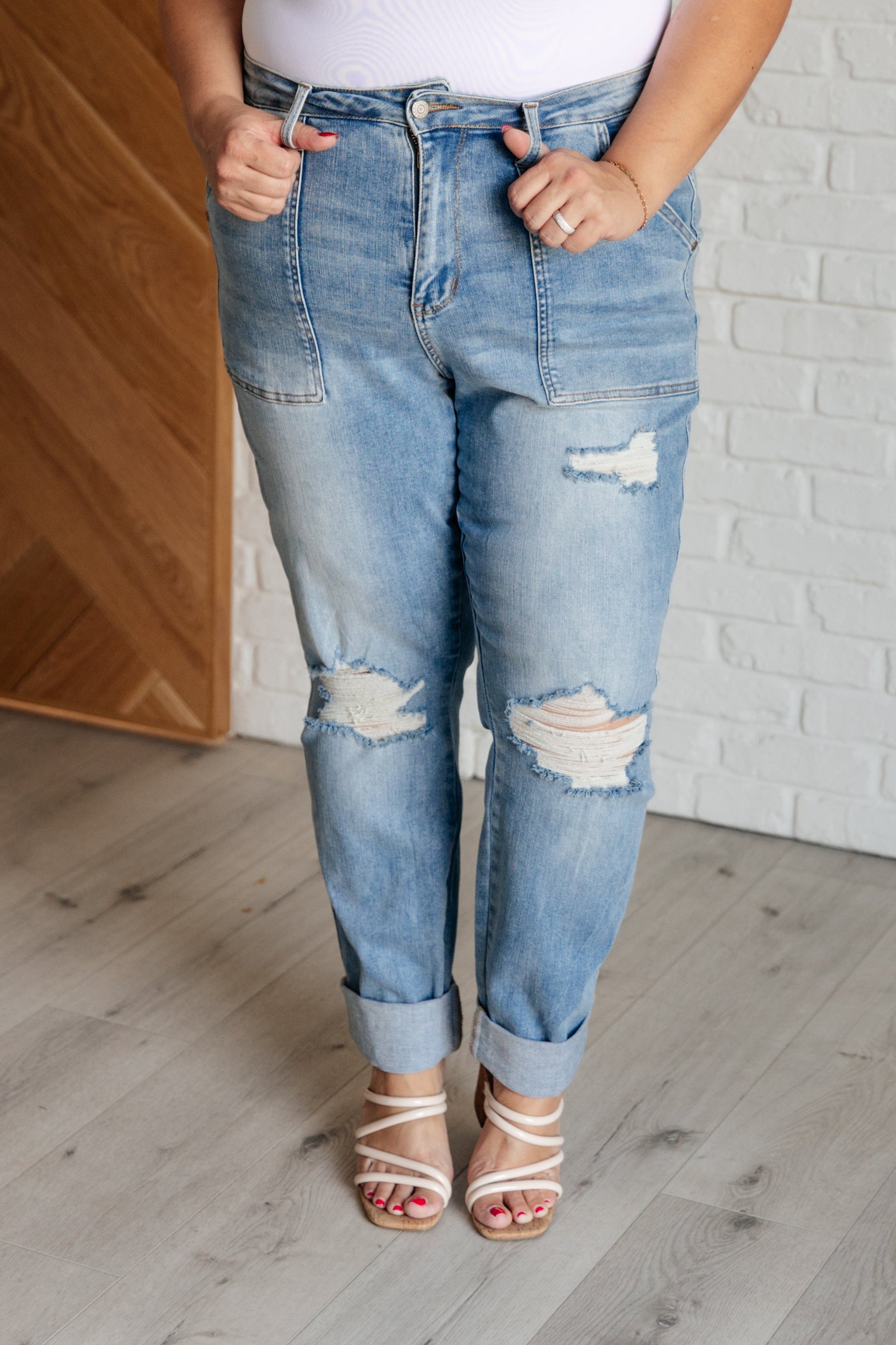 Aiden High Rise Patch Pocket Distressed Boyfriend Jeans - Premium Ladies jeans -  Follower Of Faith Apparel 0/24, 1/25, 11/30, 13/31, 14W, 15/32, 16W, 18W, 20W, 22W, 24W, 3/26, 5/27, 7-10-2024, 7/28, 8-1-2024, 88825, 9/29, Bottoms, Control top judy blue shorts, distressed, flatrate, High rise judy blue, JB Judy Blue, JB7-10-2024, JBAvailableNow, Judy Blue, judy blue high waist jeans, Ladies Jeans, new, new arrival, On sale, Sale, womens jeans Shop our Christian T-Shirts & Apparel