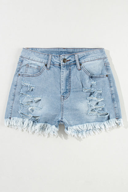 Alaina Distressed Raw Hem Denim Shorts - Premium Ladies jeans -  Follower Of Faith Apparel alaina, Christian apparel for summer, denim, distressed, Ladies summer clothing, Ladies summer shorts, new arrival, new arrivals, Sale, Ship From Overseas, shorts, Summer apparel, Summer Challenge Picks, Summer outfit, Summer t shirts, SYNZ, Women's summer clothing, Women’s summer apparel Shop our Christian T-Shirts & Apparel