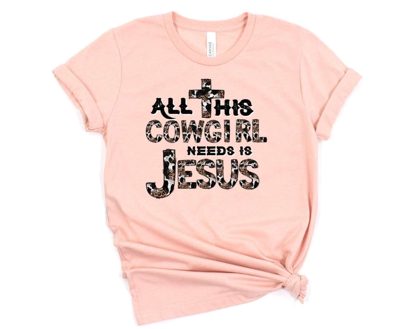 All This Cowgirl Needs Is Jesus Ladies T-Shirt - Premium T-Shirt -  Follower Of Faith Apparel 2 day delivery, Animal print Christian tees, Cotton, Cow hid letters, Cowgirl and Jesus t shirts, Crew neck, DTG, Express delivery, Fast delivery, Ladies Christian t shirts, ladies short sleeve, Ladies short sleeve tee, ladies short sleeve tees, Neck Labels, New, Regular fit, T-shirts, Unisex, Women's Clothing Shop our Christian T-Shirts & Apparel