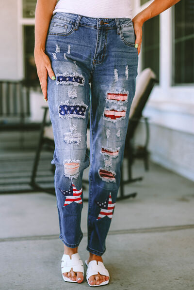 American Flag, Checkered & Southwest Style Patched (3 options) Distressed Ladies Straight Jeans - Premium Jeans -  Follower Of Faith Apparel American flag patched jeans, denim distressed jeans, distressed jeans, Distressed jeans with patches, highly distressed ladies jeans, Orange and black Checkered patch jeans, Patched jeans, Patchwork jeans, Ship From Overseas, Southwest style patched jeans, SYNZ Shop our Christian T-Shirts & Apparel