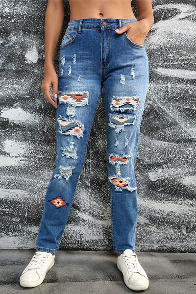 American Flag, Checkered & Southwest Style Patched (3 options) Distressed Ladies Straight Jeans - Premium Jeans -  Follower Of Faith Apparel American flag patched jeans, denim distressed jeans, distressed jeans, Distressed jeans with patches, highly distressed ladies jeans, Orange and black Checkered patch jeans, Patched jeans, Patchwork jeans, Ship From Overseas, Southwest style patched jeans, SYNZ Shop our Christian T-Shirts & Apparel