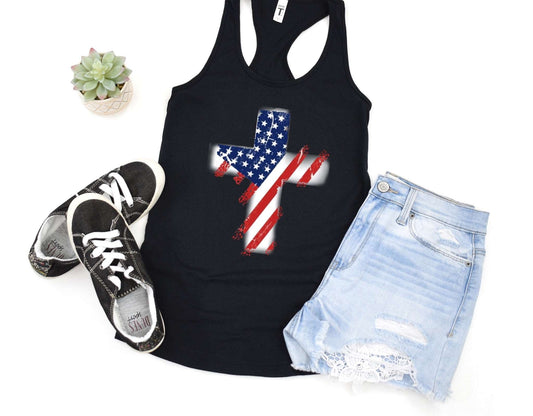 American Flag Cross Ladies Tank Top - Premium Tank Top -  Follower Of Faith Apparel American flag cross tank, Christian tanks for women, ladies Christian tank top, ladies Christian tank tops, Ladies summer tank tops, Neck Labels, Seasonal Picks, Slim fit, Summer Challenge Picks, Tank Tops, women's Christian tank tops, Women's Clothing Shop our Christian T-Shirts & Apparel