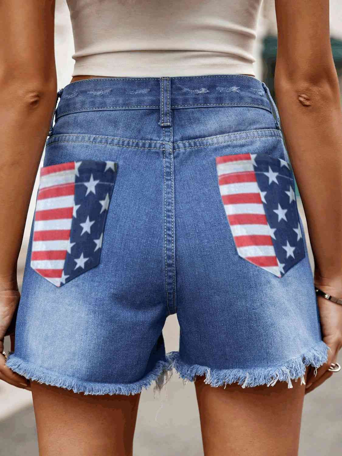 American Pocket Raw Hem Ladies Denim Shorts - Premium Ladies shorts -  Follower Of Faith Apparel American flag shorts, American pocket ladies shorts, Distressed shorts, Fourth of july shorts, Independence day, ladies distressed shorts, Ladies raw hem shorts, Manny, new arrival, new arrivals, raw hem, raw hem shorts, Sale, Ship From Overseas, Shipping delay January 30 - February 17 Shop our Christian T-Shirts & Apparel