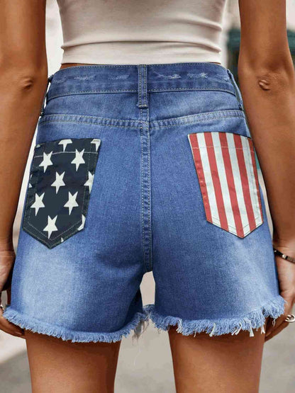 American Pocket Raw Hem Ladies Denim Shorts - Premium Ladies shorts -  Follower Of Faith Apparel American flag shorts, American pocket ladies shorts, Distressed shorts, Fourth of july shorts, Independence day, ladies distressed shorts, Ladies raw hem shorts, Manny, new arrival, new arrivals, raw hem, raw hem shorts, Sale, Ship From Overseas, Shipping delay January 30 - February 17 Shop our Christian T-Shirts & Apparel