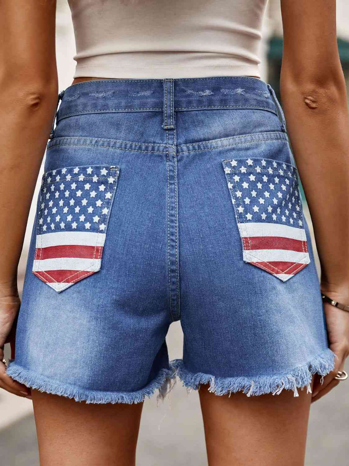 American Pocket Raw Hem Ladies Denim Shorts - Premium Ladies shorts -  Follower Of Faith Apparel American flag shorts, American pocket ladies shorts, Distressed shorts, Fourth of july shorts, Independence day, ladies distressed shorts, Ladies raw hem shorts, Manny, new arrival, new arrivals, raw hem, raw hem shorts, Sale, Ship From Overseas, Shipping delay January 30 - February 17 Shop our Christian T-Shirts & Apparel