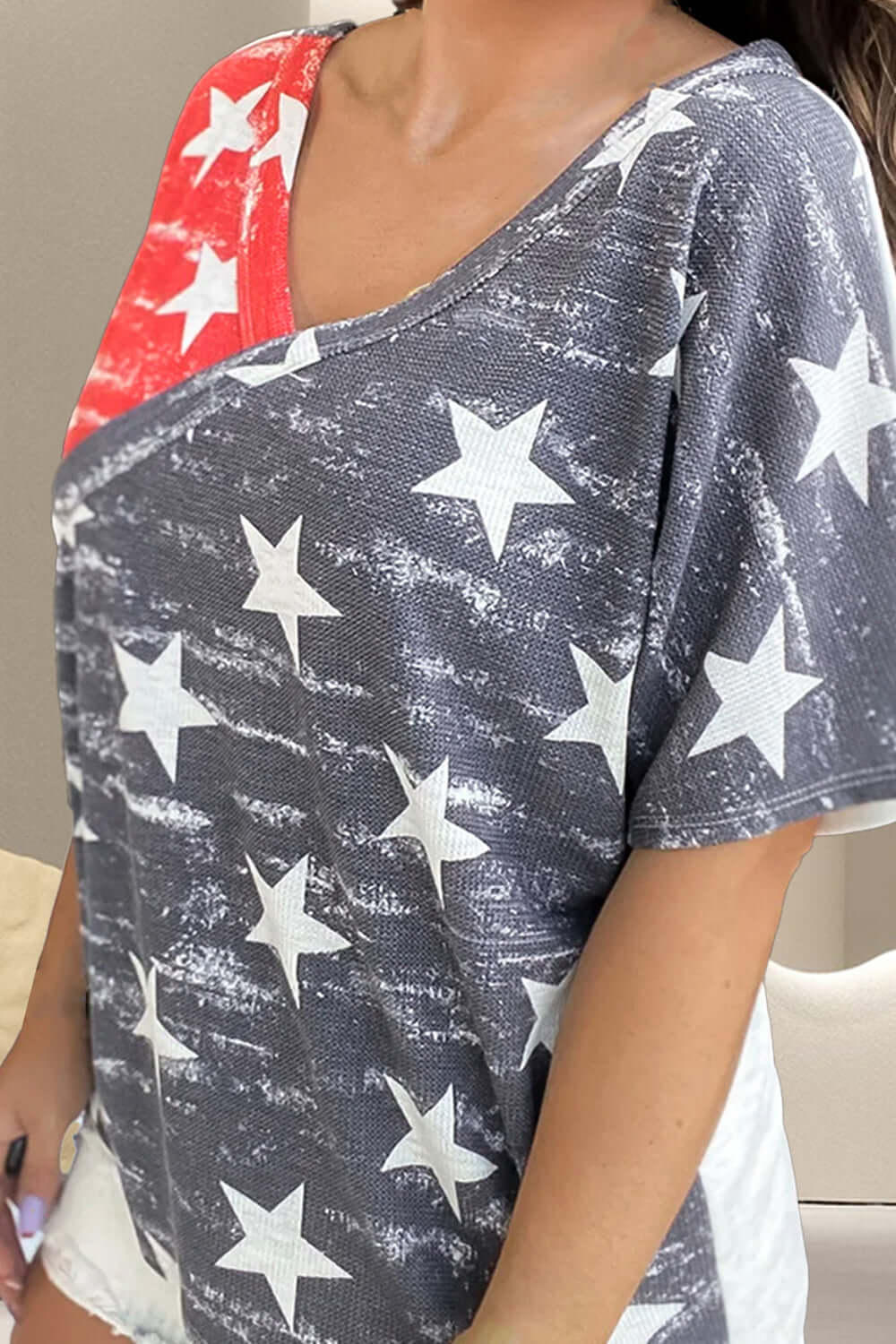 American Star Surplice Ladies T-Shirt - Premium Ladies T-Shirt -  Follower Of Faith Apparel America flag tee, american, American apparel, american flag design, American flag print t shirt, follower, Fourth of July, Fourth of July tees, ladies, length, new arrival, new arrivals, Sale, Ship From Overseas, shirt, star, Stars, Stars cut v neck t shirt, stretch, stylish, surplice, this Shop our Christian T-Shirts & Apparel