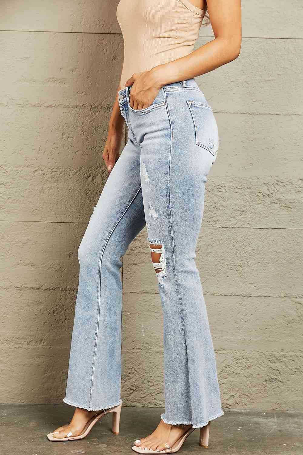 BAYEAS Mid Rise Distressed Flare Jeans - Premium Jeans -  Follower Of Faith Apparel BAYEAS, Flare jeans, Midrise jeans, Sale, Ship from USA Shop our Christian T-Shirts & Apparel