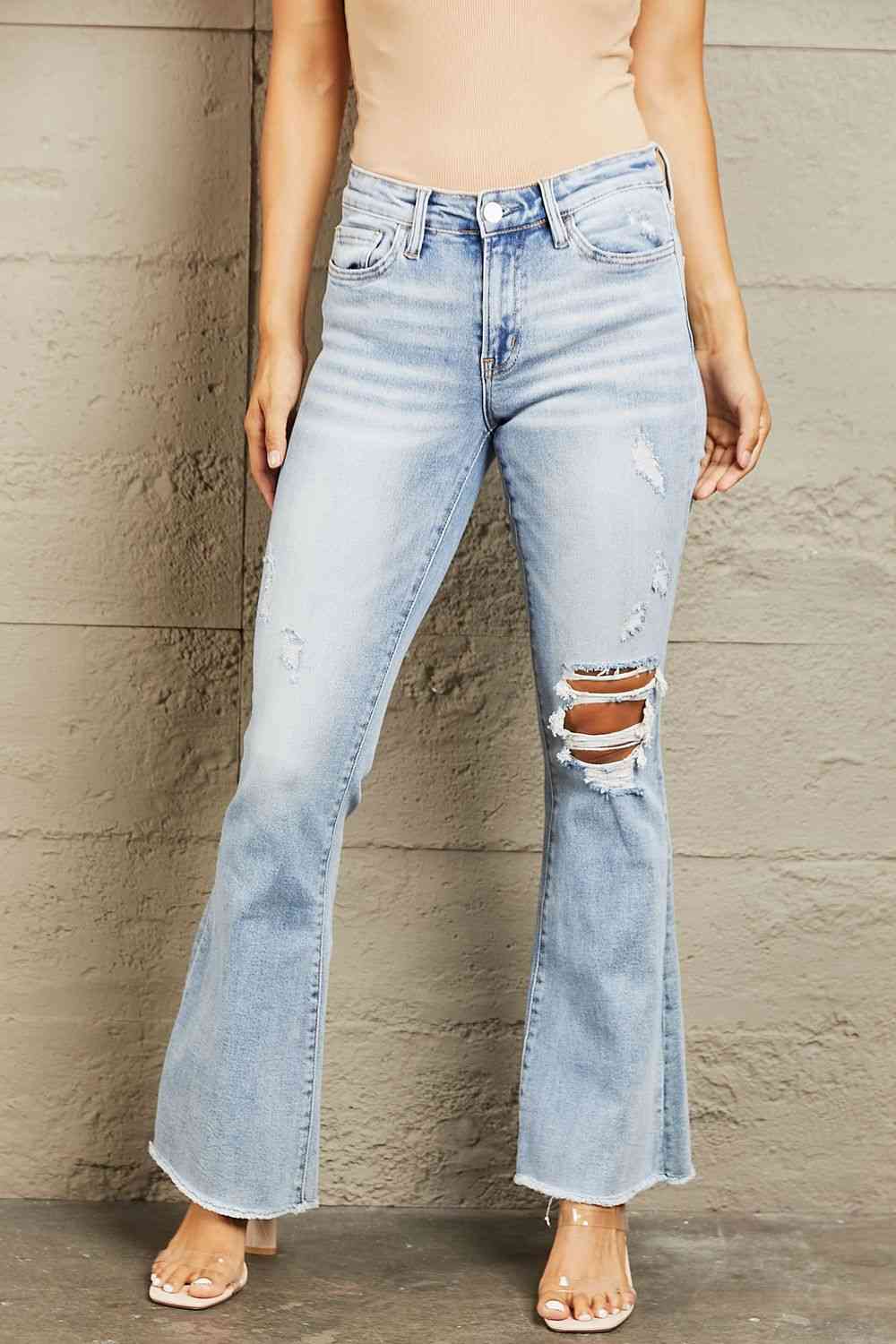 BAYEAS Mid Rise Distressed Flare Jeans - Premium Jeans -  Follower Of Faith Apparel BAYEAS, Flare jeans, Midrise jeans, Sale, Ship from USA Shop our Christian T-Shirts & Apparel