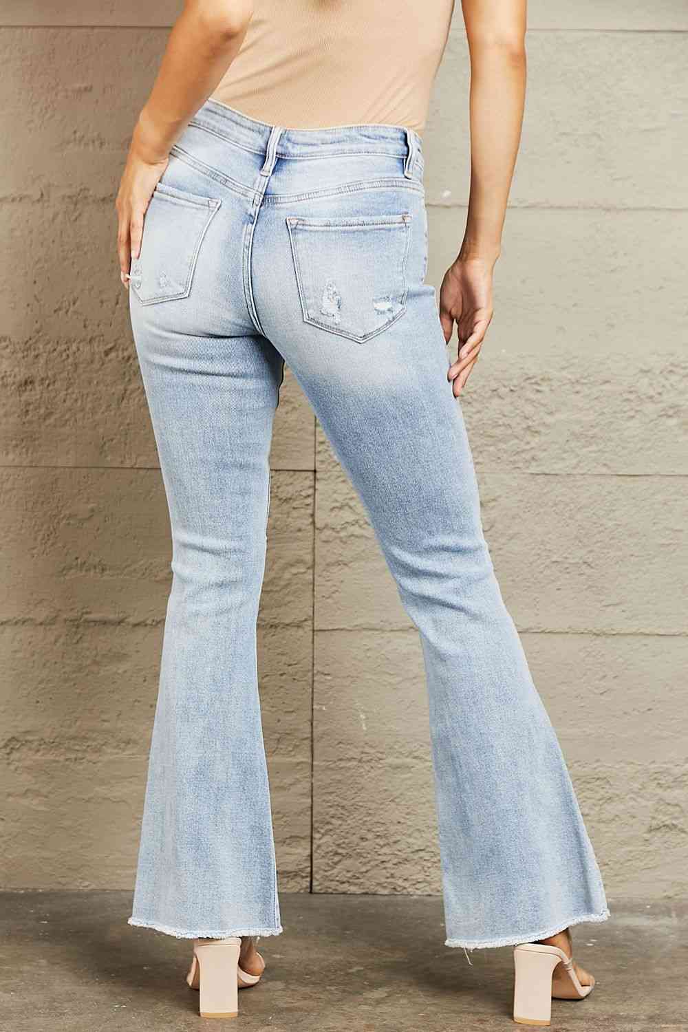 BAYEAS Mid Rise Distressed Flare Jeans - Premium Jeans -  Follower Of Faith Apparel BAYEAS, Flare jeans, Midrise jeans, Sale, Ship from USA Shop our Christian T-Shirts & Apparel