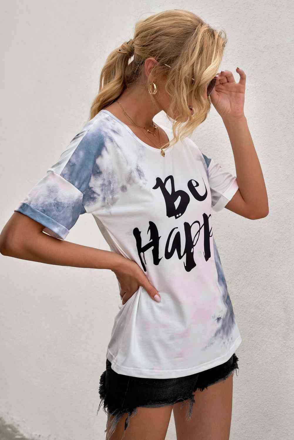 BE HAPPY Bleached Ladies T-Shirt - Follower Of Faith Apparel