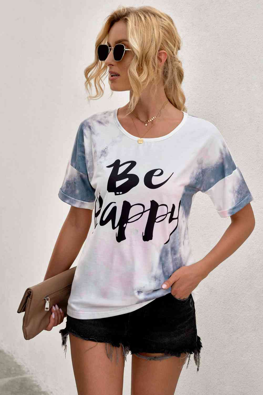 BE HAPPY Bleached Ladies T-Shirt - Follower Of Faith Apparel