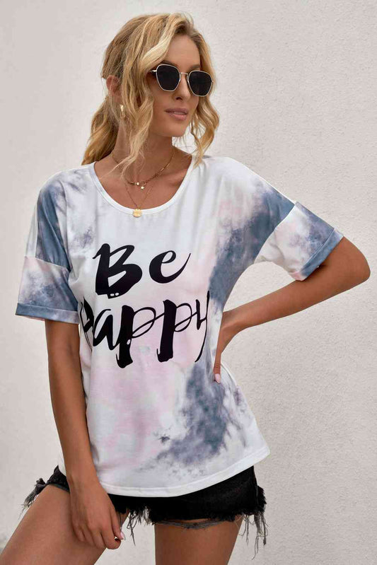 BE HAPPY Bleached Ladies T-Shirt - Follower Of Faith Apparel