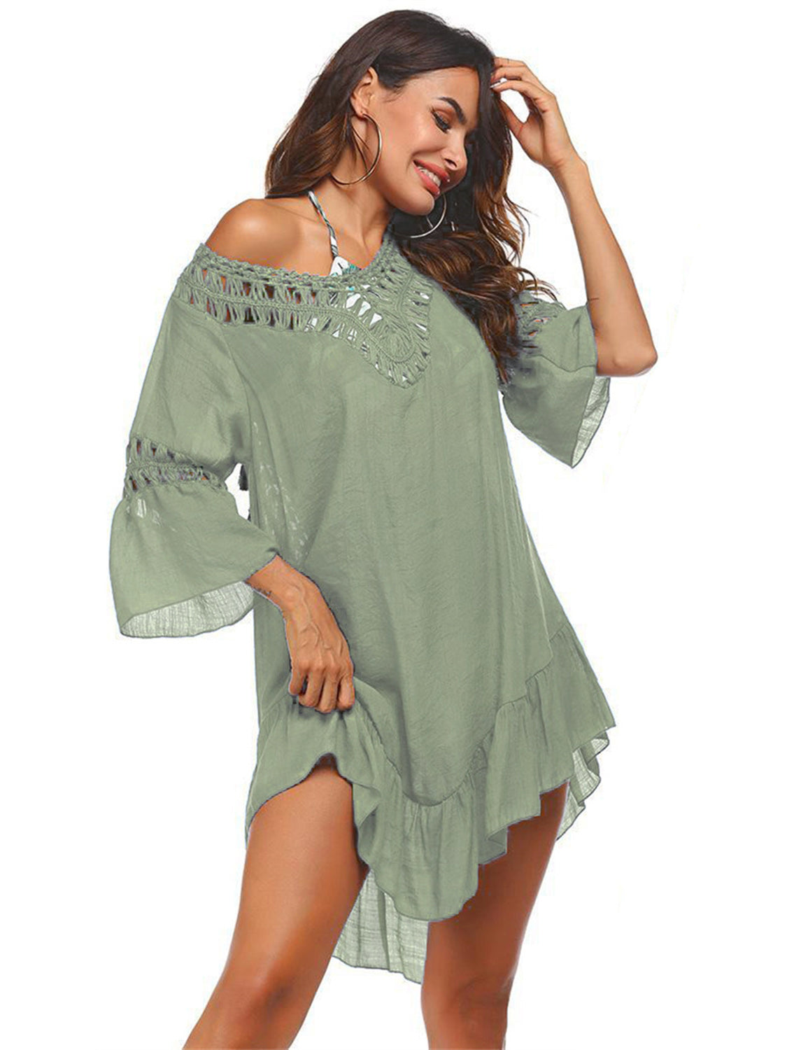 Backless Cutout Three-Quarter Sleeve Cover Up - Premium Ladies Coverup -  Follower Of Faith Apparel Beach cover up for women, Boho swim suit cover up, Ladies cover up, new arrival, new arrivals, Sale, Ship From Overseas, Stylish beach cover up, Swimsuit cover up, Swimwear, Three quarter sleeve cover up, Womens cover up, Y@P@Z@Z Shop our Christian T-Shirts & Apparel