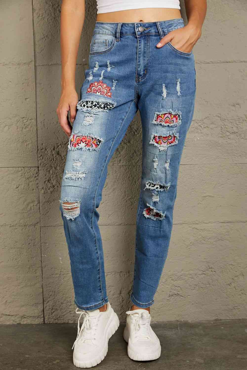 Baeful Leopard Patch Ankle-Length Jeans - Premium Jeans -  Follower Of Faith Apparel Baeful, bottoms, ladies bottoms, new, new arrival, new arrivals, Ship From Overseas Shop our Christian T-Shirts & Apparel