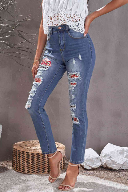 Baeful Leopard Patch Ankle-Length Jeans - Premium Jeans -  Follower Of Faith Apparel Baeful, bottoms, ladies bottoms, new, new arrival, new arrivals, Ship From Overseas Shop our Christian T-Shirts & Apparel