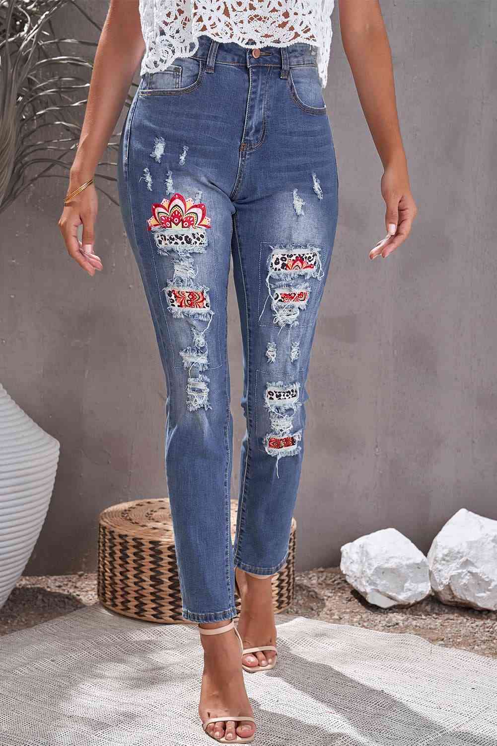 Baeful Leopard Patch Ankle-Length Jeans - Premium Jeans -  Follower Of Faith Apparel Baeful, bottoms, ladies bottoms, new, new arrival, new arrivals, Ship From Overseas Shop our Christian T-Shirts & Apparel