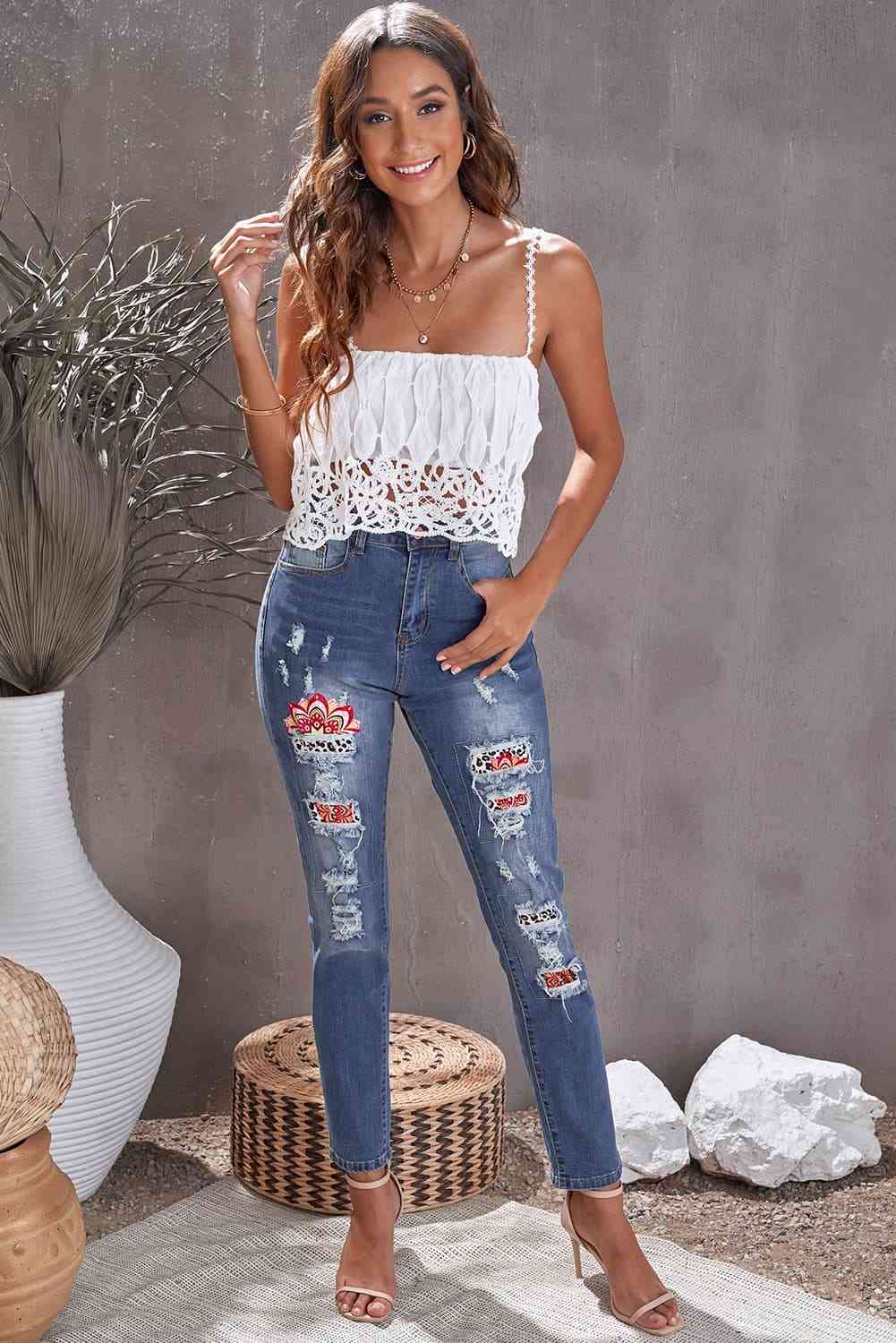 Baeful Leopard Patch Ankle-Length Jeans - Premium Jeans -  Follower Of Faith Apparel Baeful, bottoms, ladies bottoms, new, new arrival, new arrivals, Ship From Overseas Shop our Christian T-Shirts & Apparel