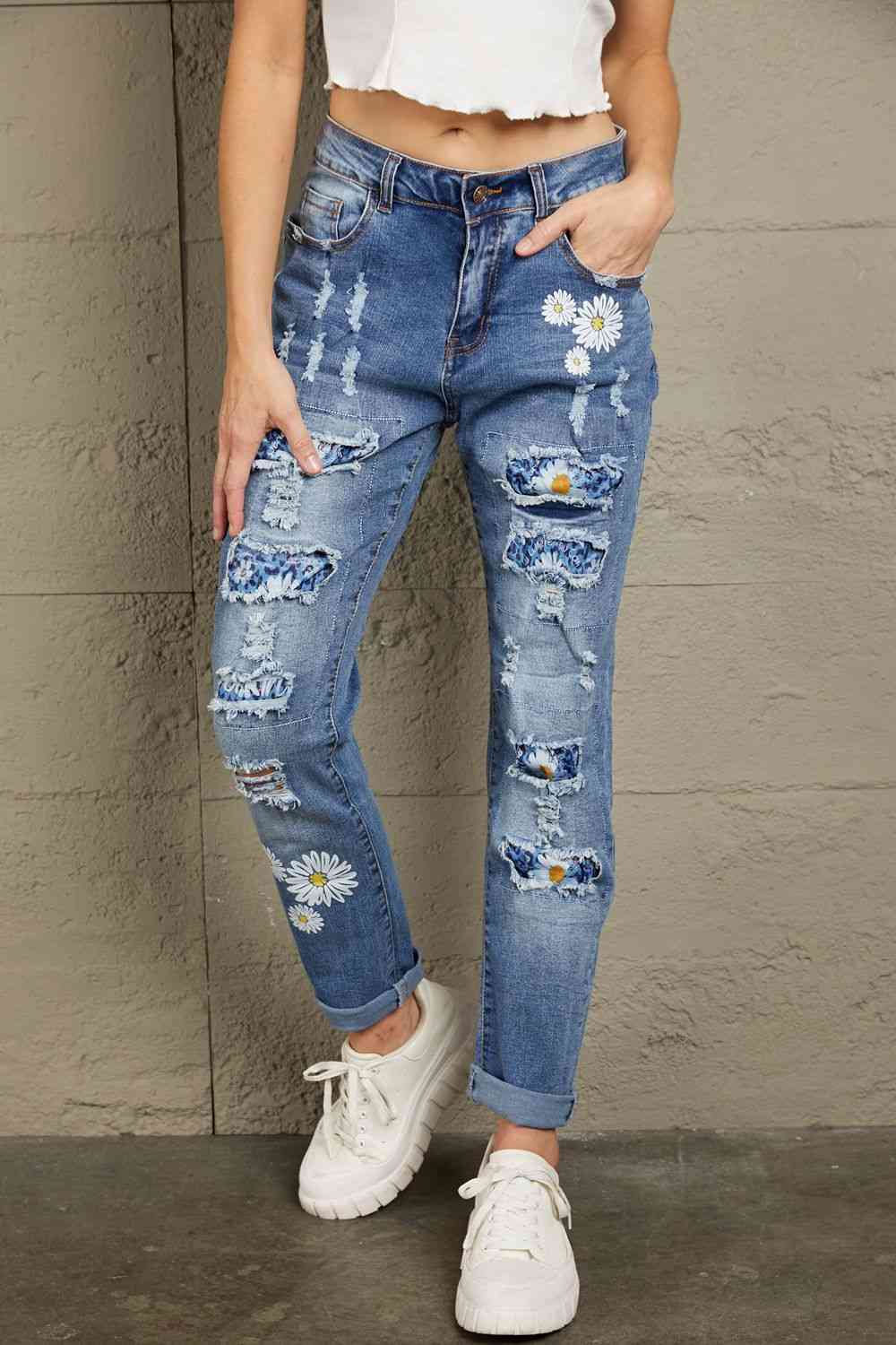 Baeful Printed Patch Distressed Boyfriend Ladies Jeans - Premium Jeans -  Follower Of Faith Apparel Baeful, Boyfriend jeans, Distressed jeans, Jeans, Ship From Overseas Shop our Christian T-Shirts & Apparel