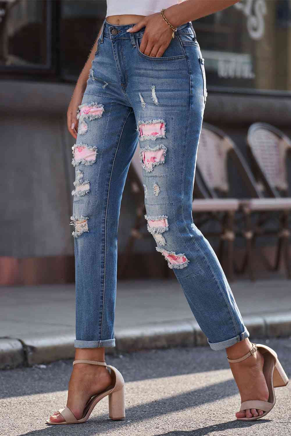 Baeful Printed Patch Distressed Boyfriend Ladies Jeans - Premium Jeans -  Follower Of Faith Apparel Baeful, Boyfriend jeans, Distressed jeans, Jeans, Ship From Overseas Shop our Christian T-Shirts & Apparel