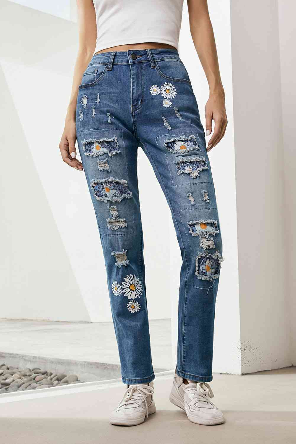 Baeful Printed Patch Distressed Boyfriend Ladies Jeans - Premium Jeans -  Follower Of Faith Apparel Baeful, Boyfriend jeans, Distressed jeans, Jeans, Ship From Overseas Shop our Christian T-Shirts & Apparel