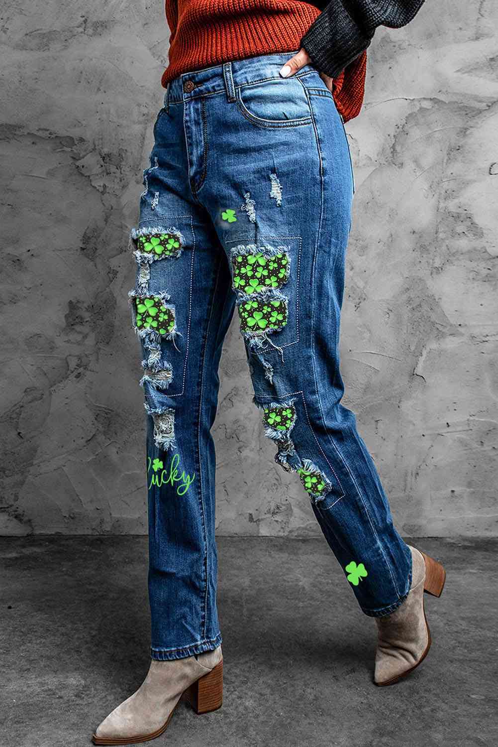 Baeful Printed Patch Distressed Boyfriend Ladies Jeans - Premium Jeans -  Follower Of Faith Apparel Baeful, Boyfriend jeans, Distressed jeans, Jeans, Ship From Overseas Shop our Christian T-Shirts & Apparel