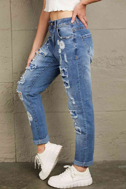 Baeful Printed Patch Distressed Boyfriend Ladies Jeans - Premium Jeans -  Follower Of Faith Apparel Baeful, Boyfriend jeans, Distressed jeans, Jeans, Ship From Overseas Shop our Christian T-Shirts & Apparel