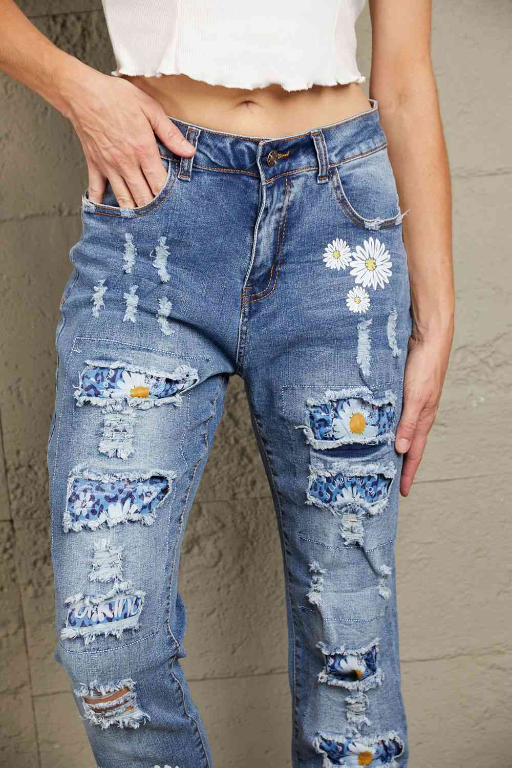 Baeful Printed Patch Distressed Boyfriend Ladies Jeans - Premium Jeans -  Follower Of Faith Apparel Baeful, Boyfriend jeans, Distressed jeans, Jeans, Ship From Overseas Shop our Christian T-Shirts & Apparel