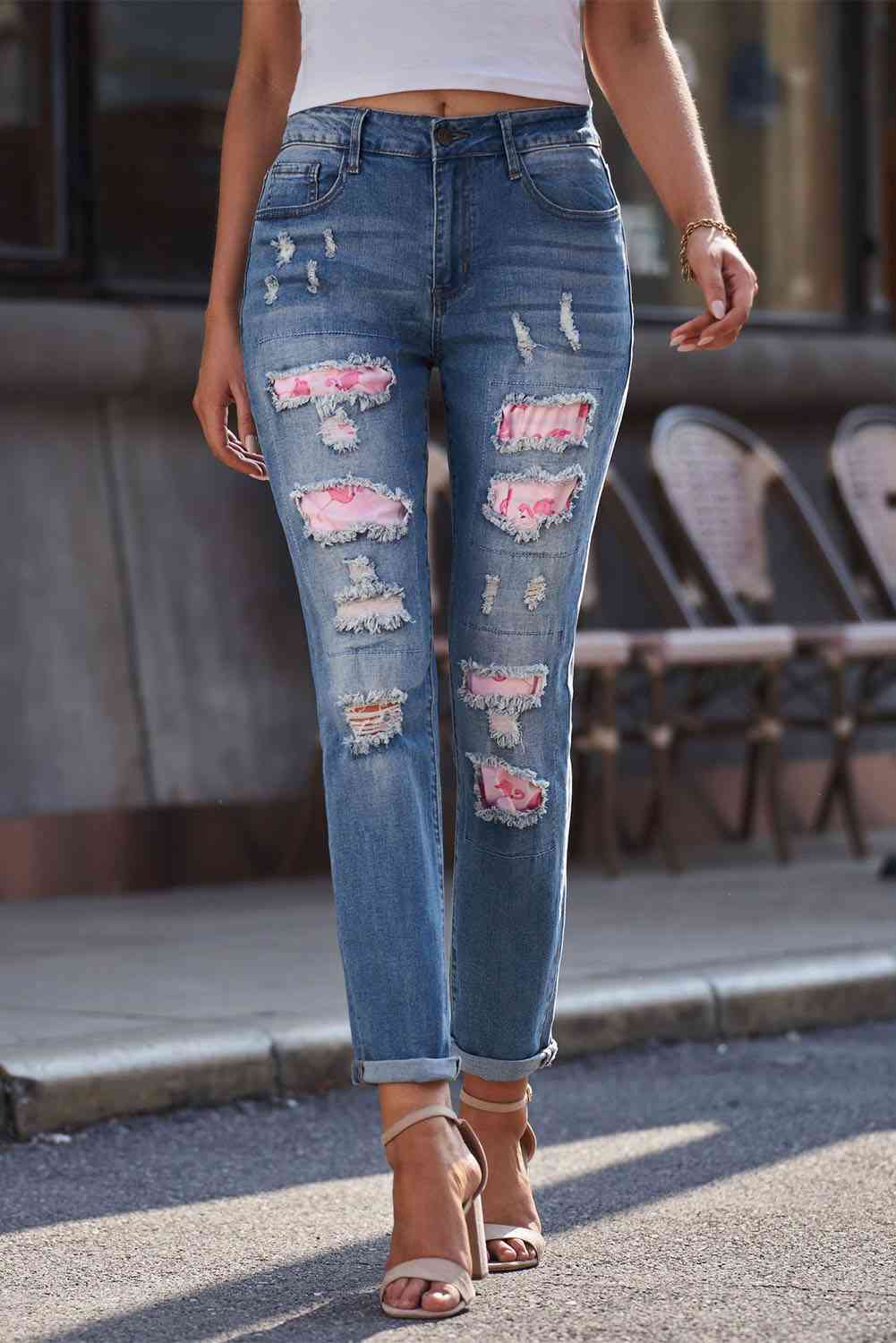 Baeful Printed Patch Distressed Boyfriend Ladies Jeans - Premium Jeans -  Follower Of Faith Apparel Baeful, Boyfriend jeans, Distressed jeans, Jeans, Ship From Overseas Shop our Christian T-Shirts & Apparel