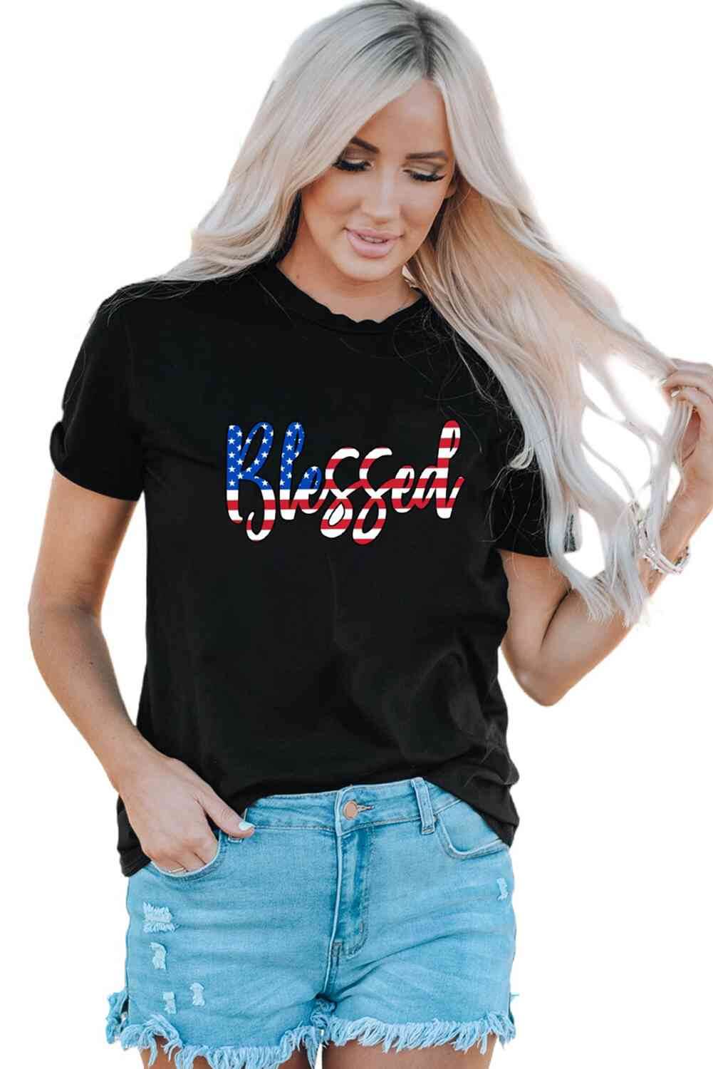 Blessed American Flag Lettering Ladies T-Shirt - Follower Of Faith Apparel