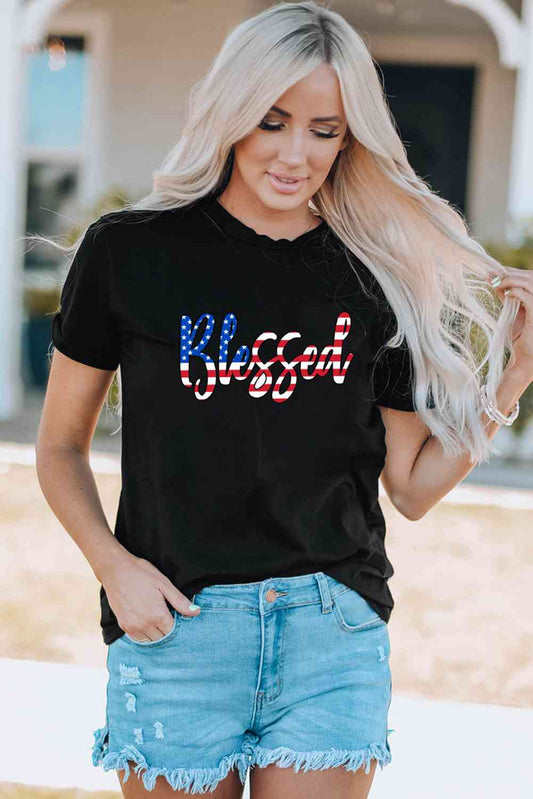 Blessed American Flag Lettering Ladies T-Shirt - Follower Of Faith Apparel