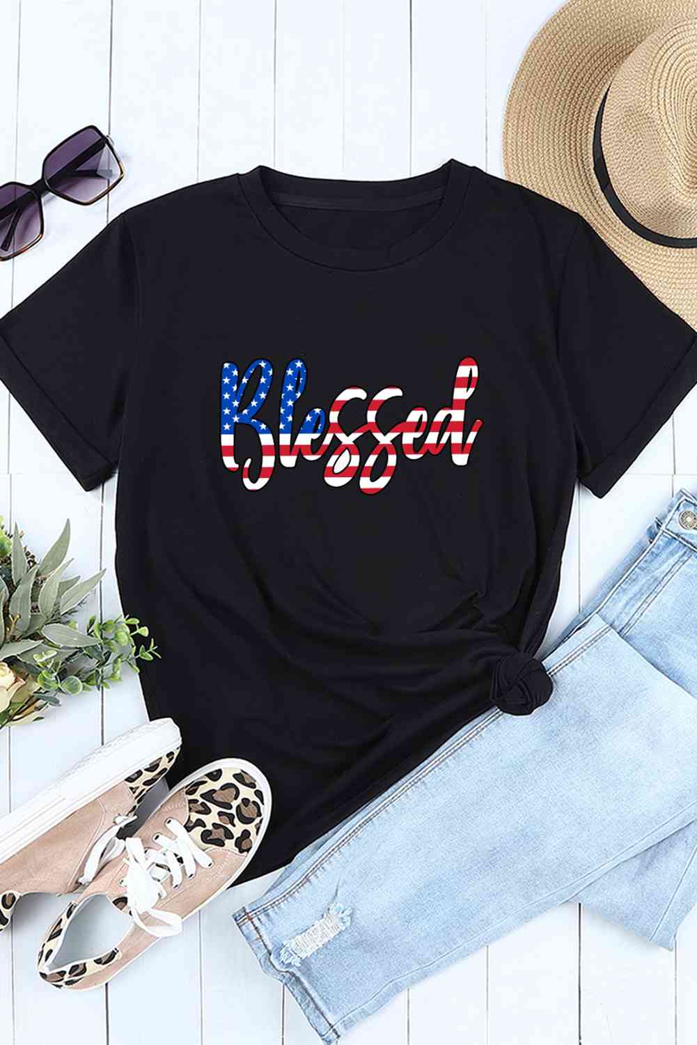 Blessed American Flag Lettering Ladies T-Shirt - Follower Of Faith Apparel