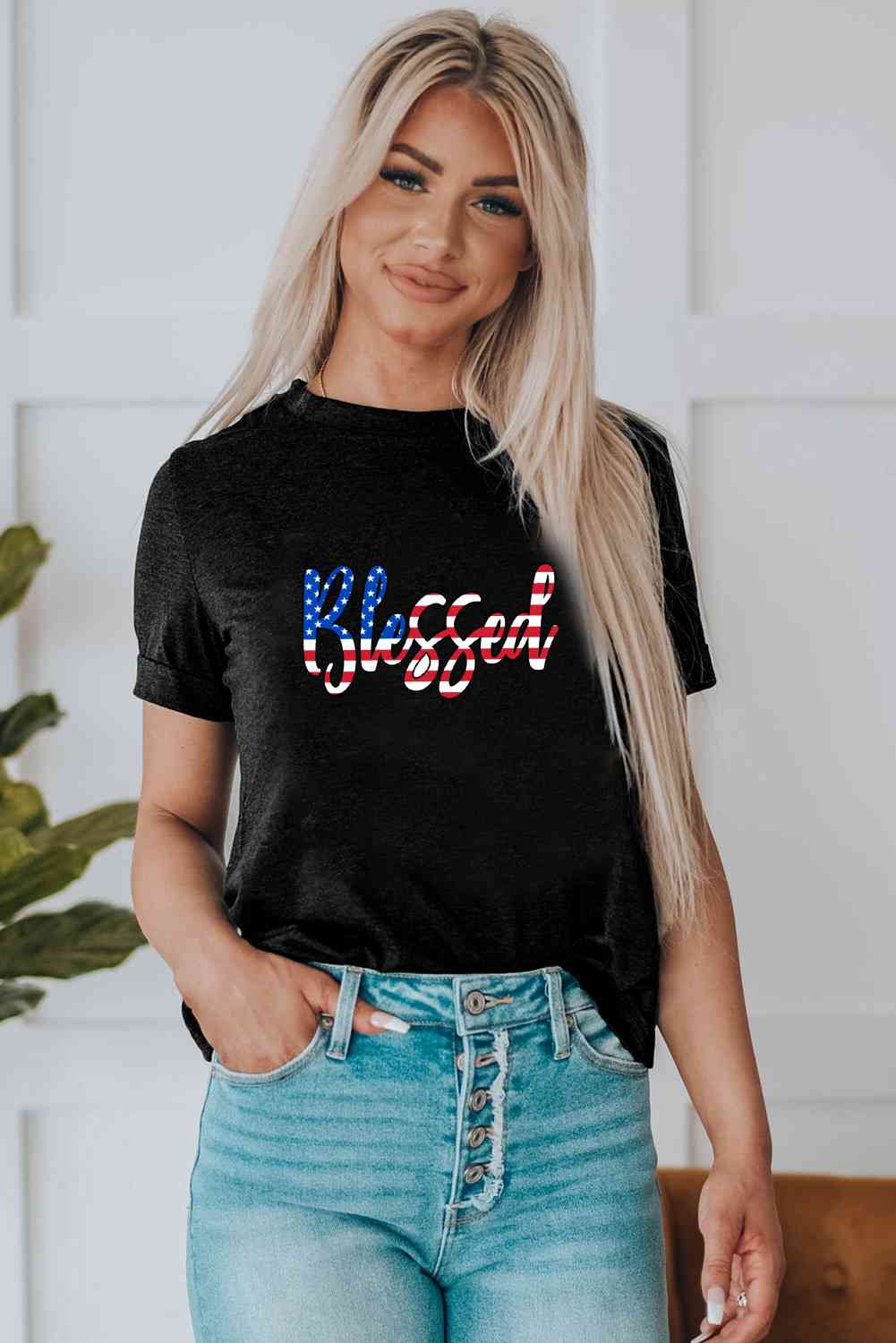 Blessed American Flag Lettering Ladies T-Shirt - Follower Of Faith Apparel